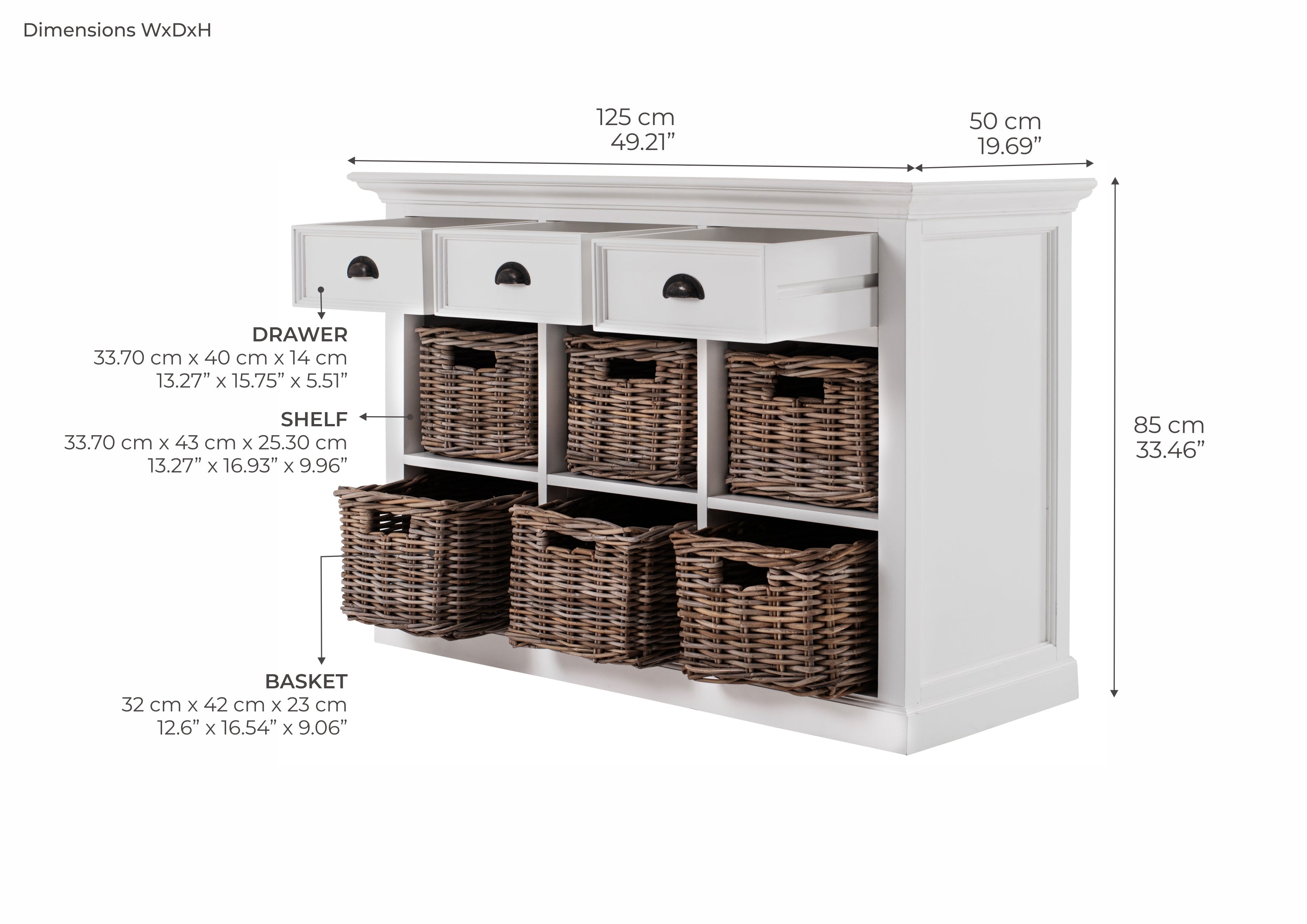 Halifax Coastal White Sideboard with 6 Baskets