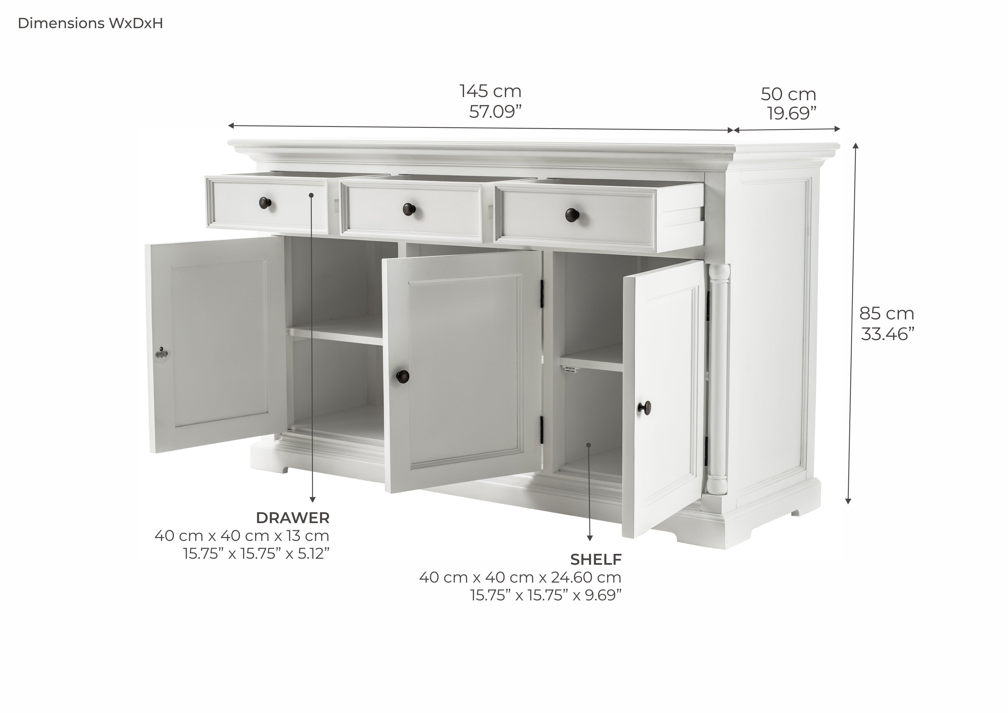 Provence French Country White Classic Sideboard with 3 doors