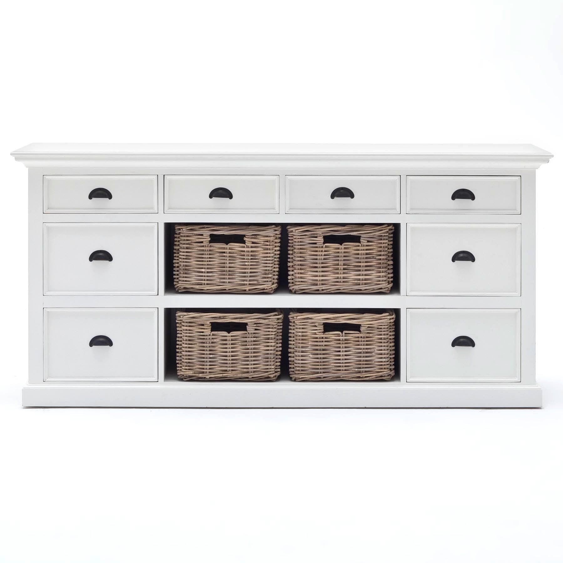 Halifax Coastal White Library Hutch Cabinet with Basket Set