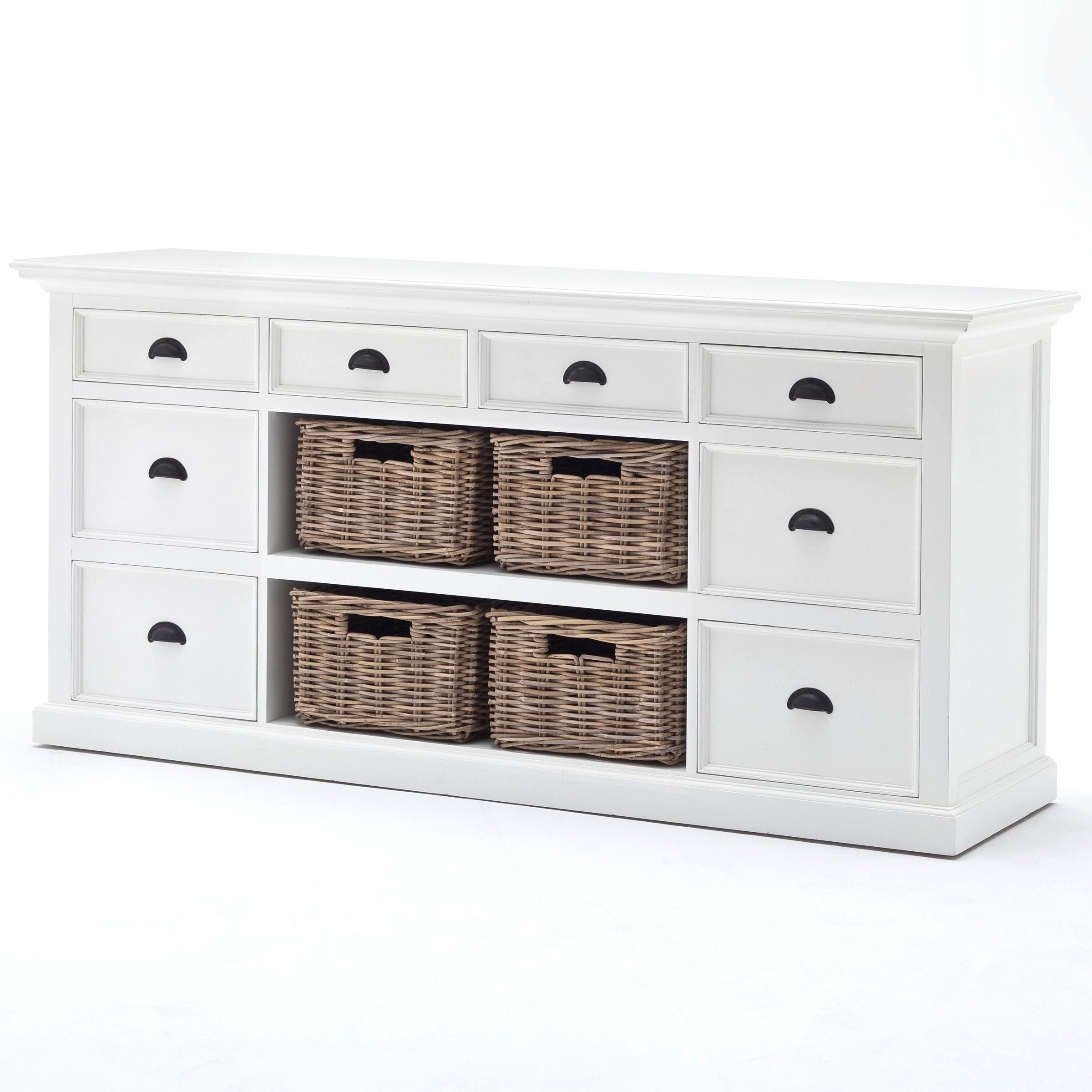 Halifax Coastal White Library Hutch Cabinet with Basket Set