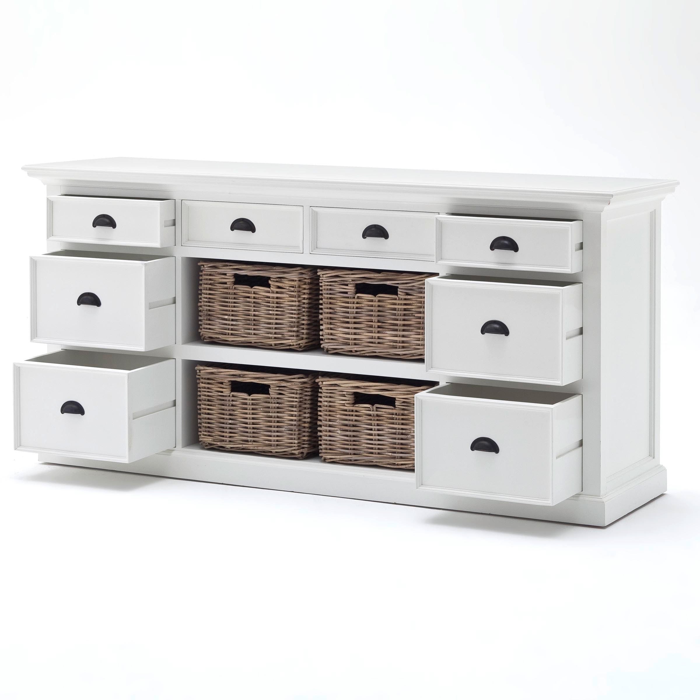 Halifax Coastal White Library Hutch Cabinet with Basket Set