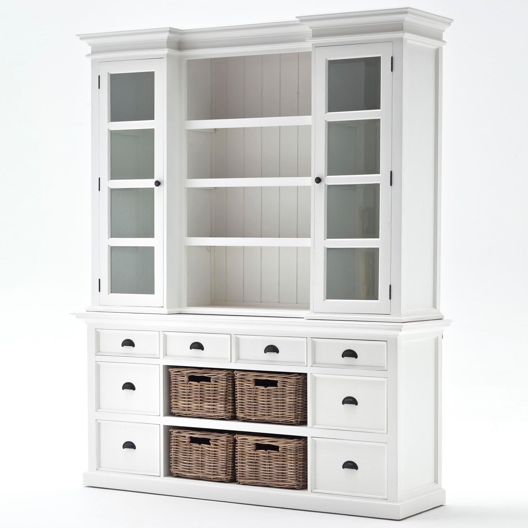 Halifax Coastal White Library Hutch Cabinet with Basket Set