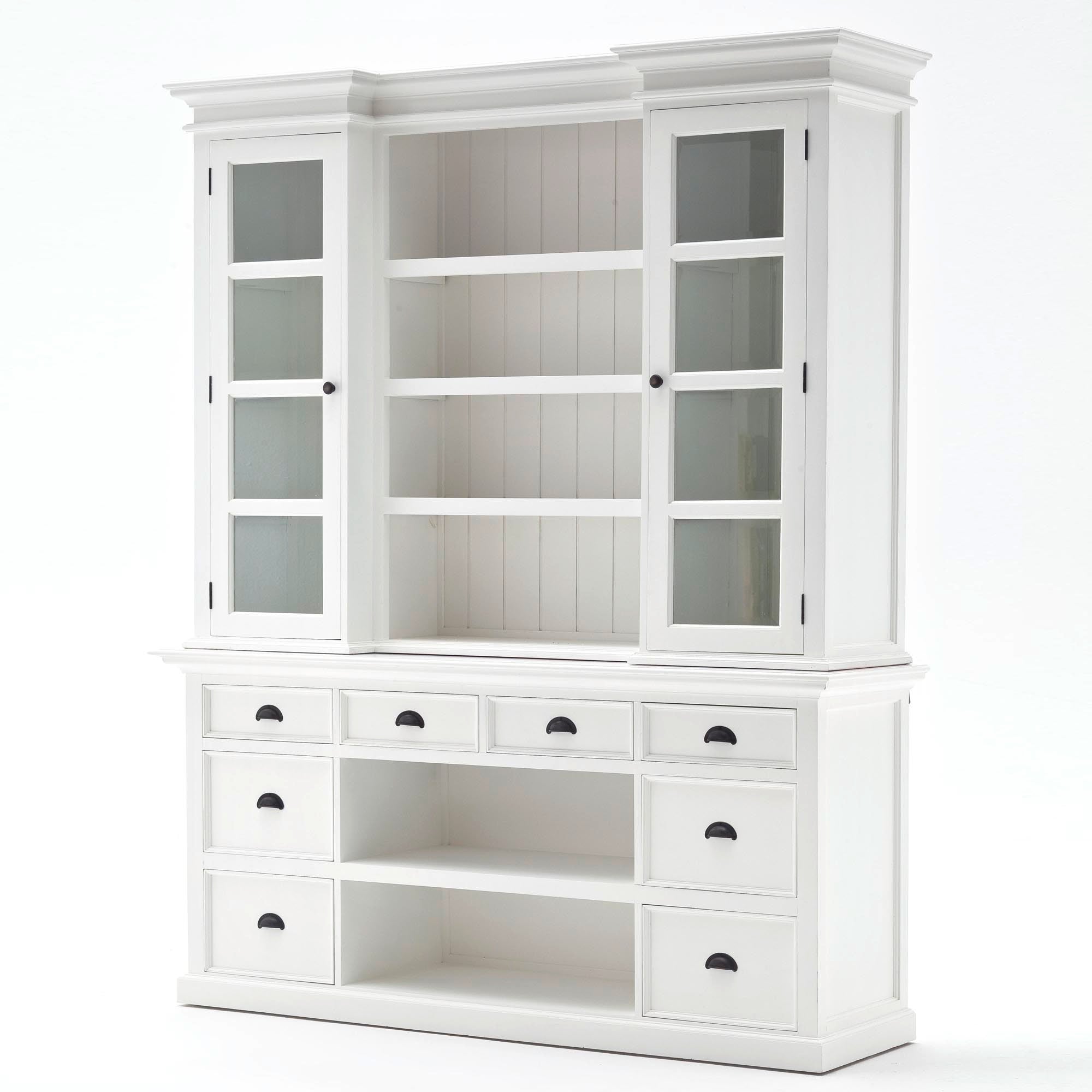 Halifax Coastal White Library Hutch Cabinet with Basket Set