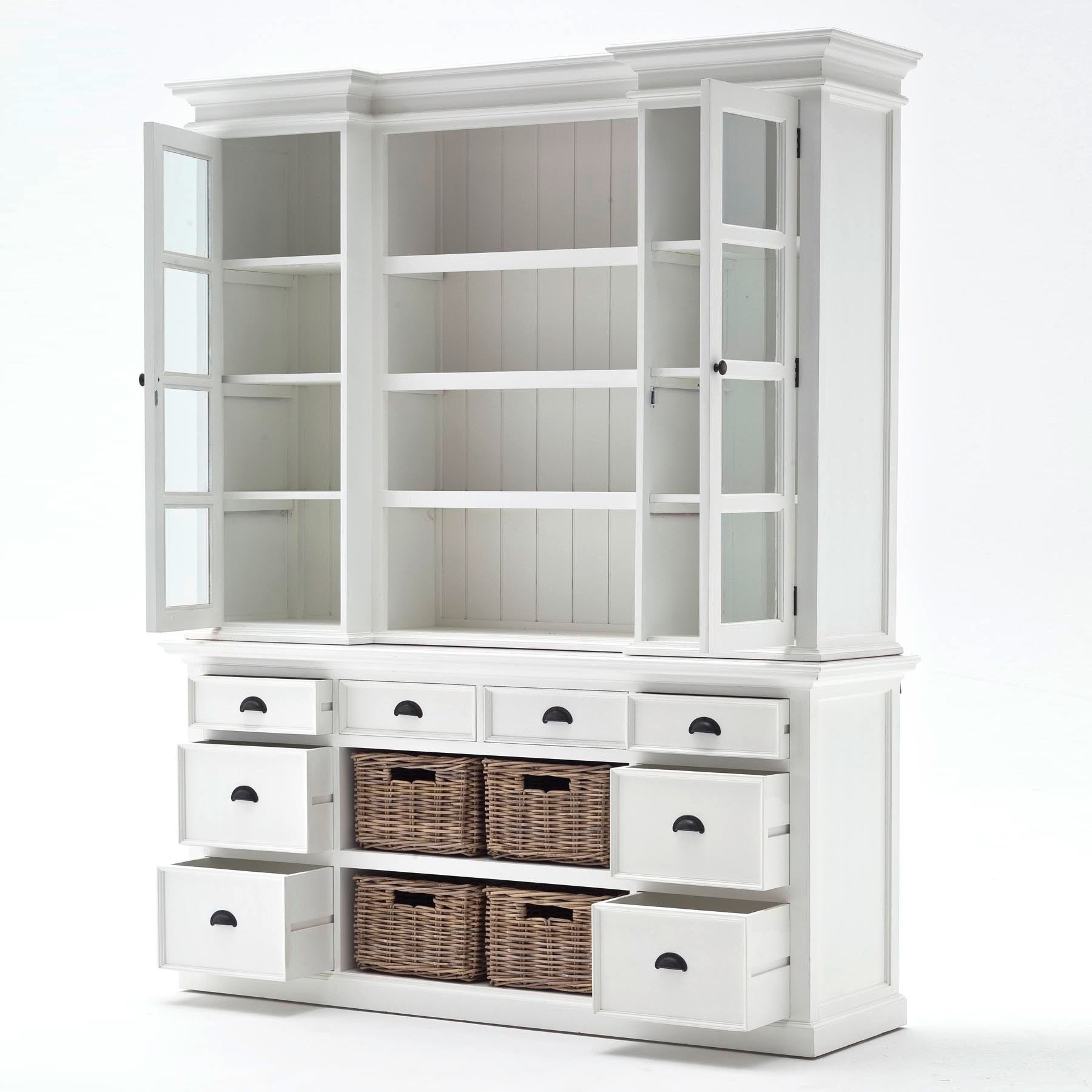 Halifax Coastal White Library Hutch Cabinet with Basket Set