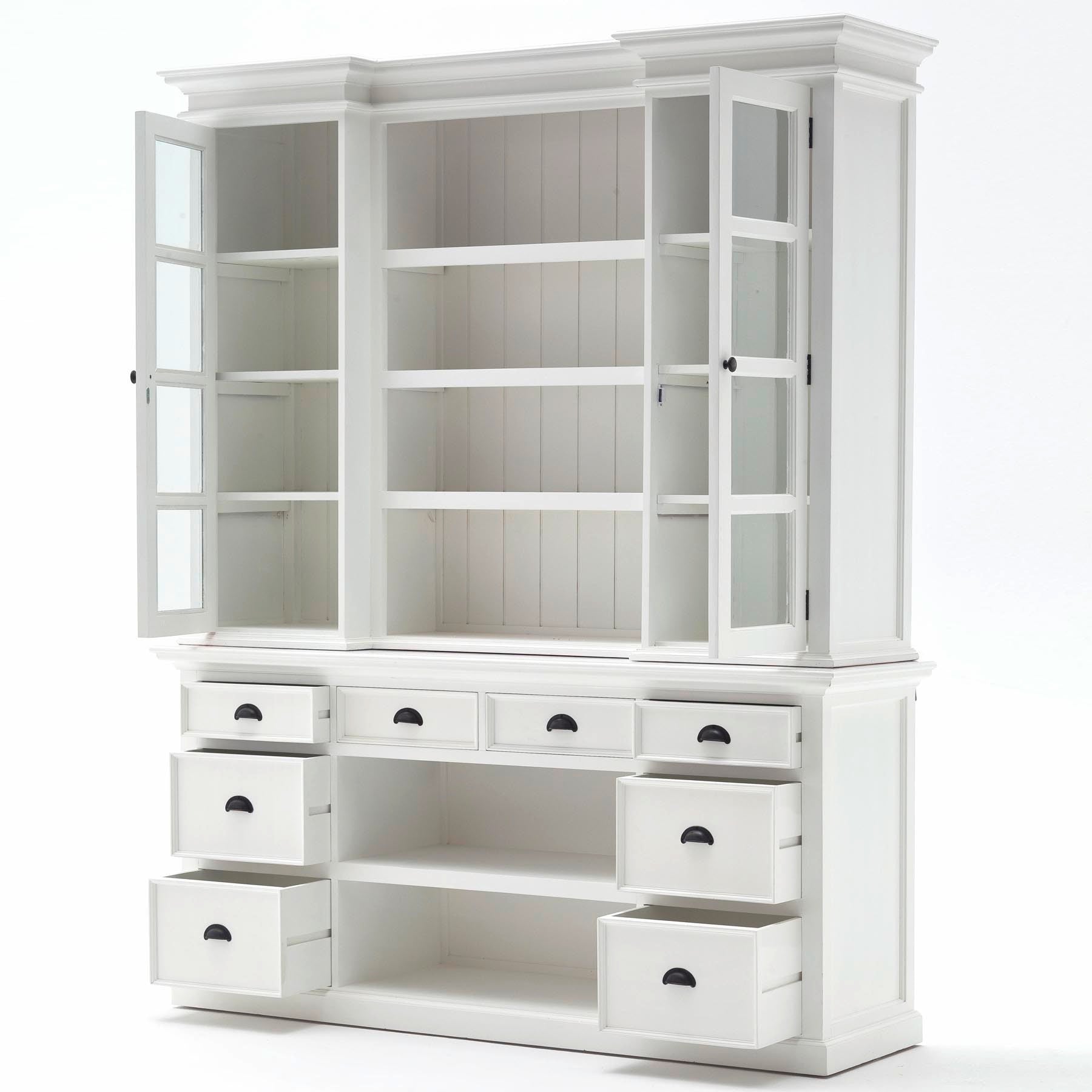 Halifax Coastal White Library Hutch Cabinet with Basket Set