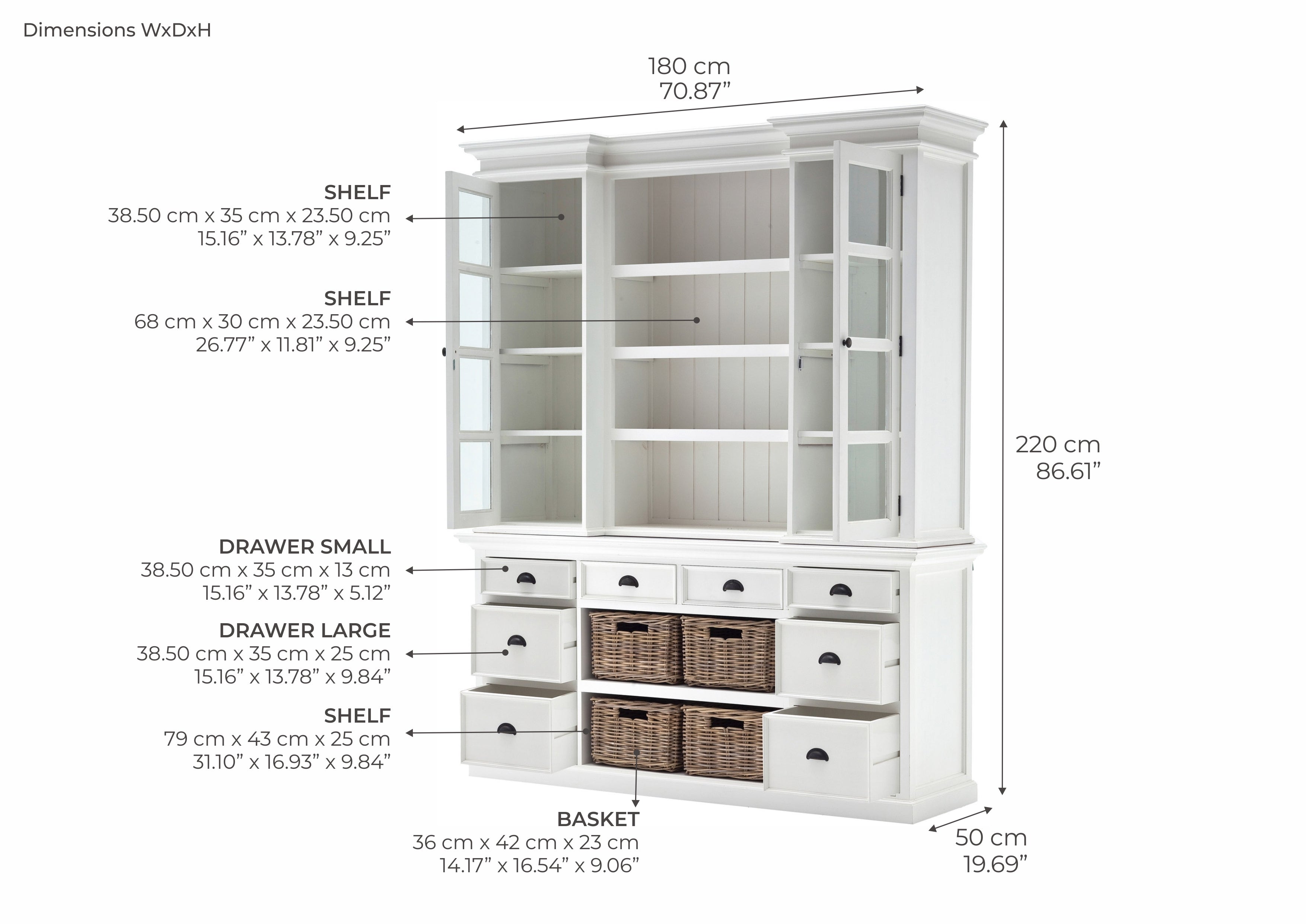 Halifax Coastal White Library Hutch Cabinet with Basket Set