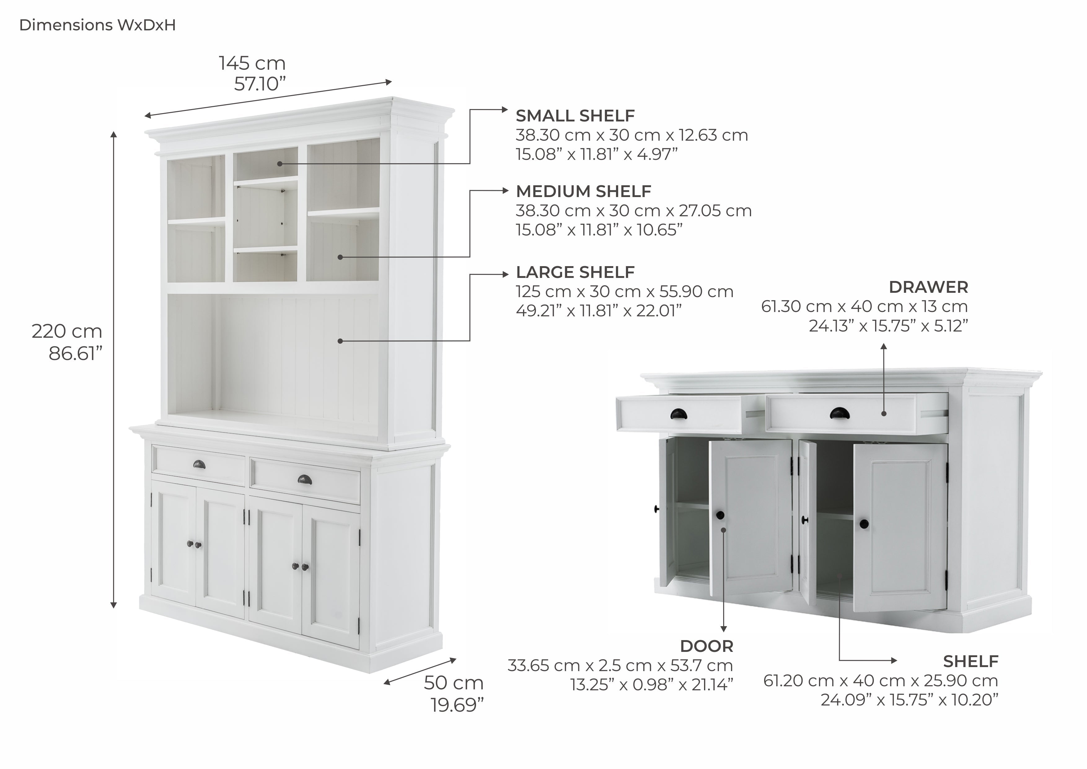 Halifax Coastal White Buffet Hutch Unit with 2 Adjustable Shelves