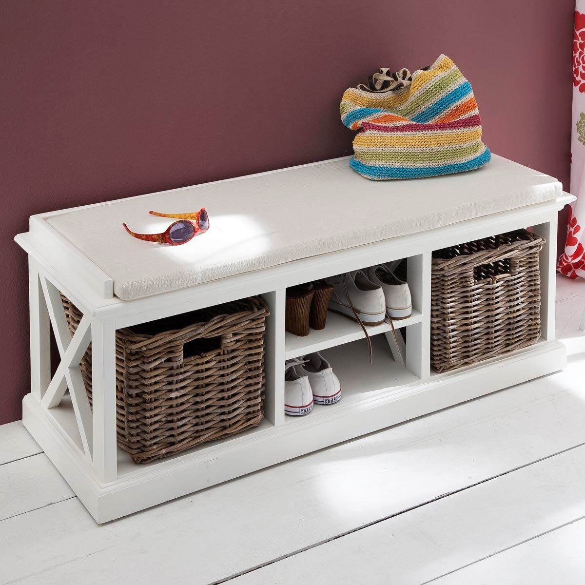 Halifax Coastal White Bench & Basket Set