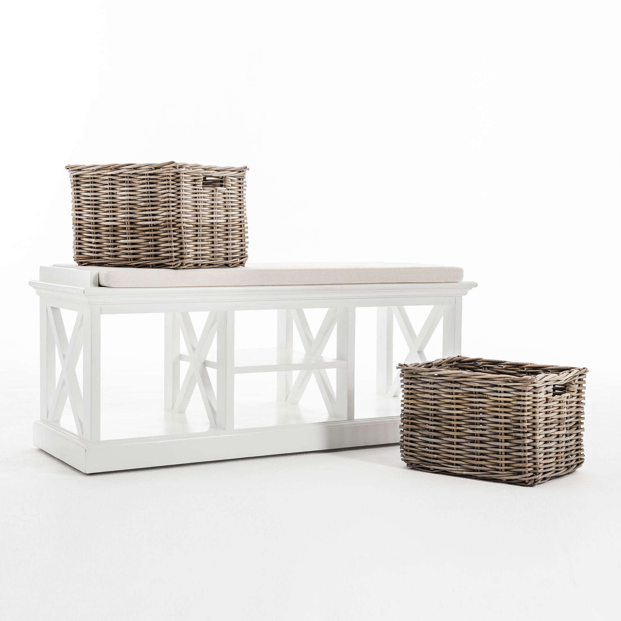 Halifax Coastal White Bench & Basket Set