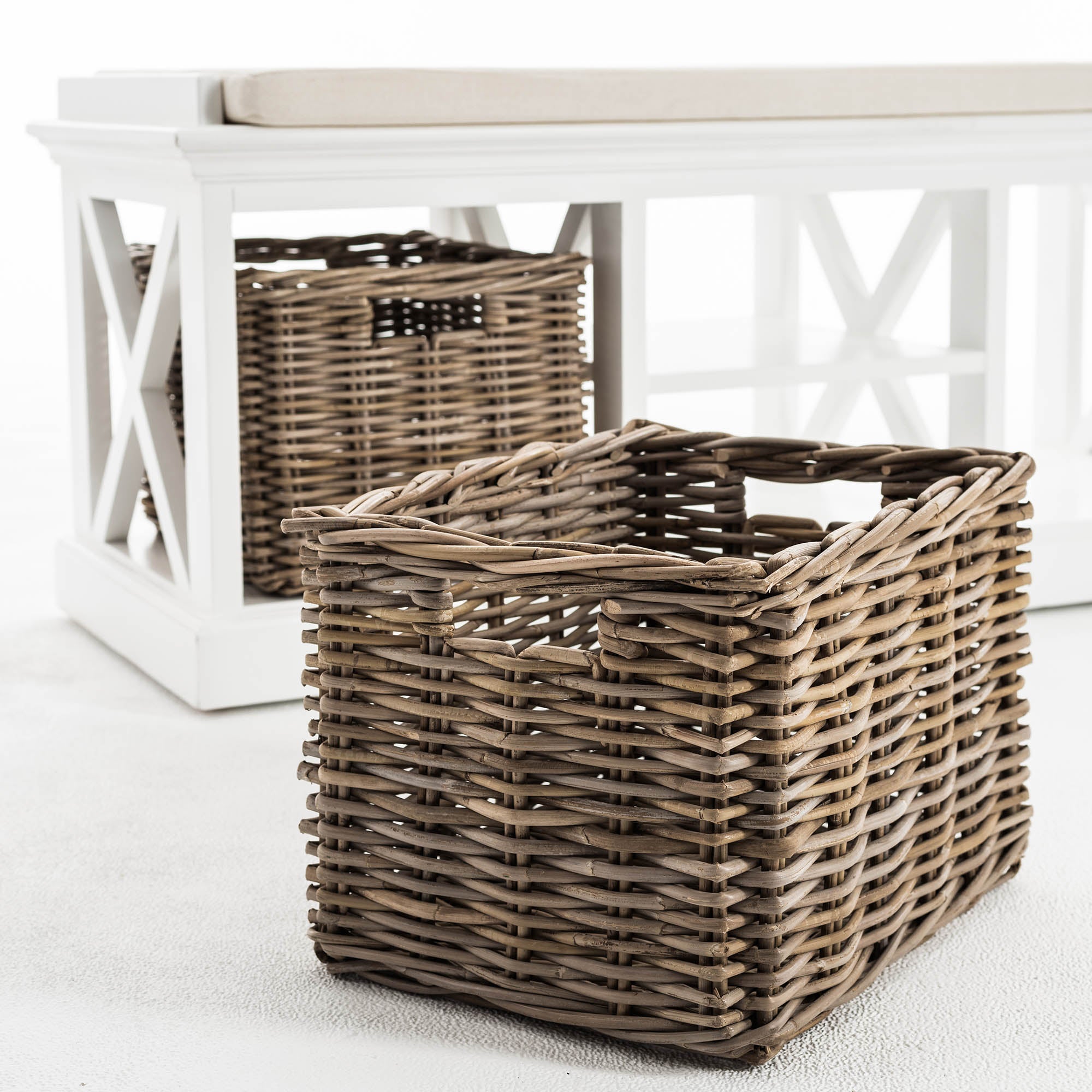 Halifax Coastal White Bench & Basket Set