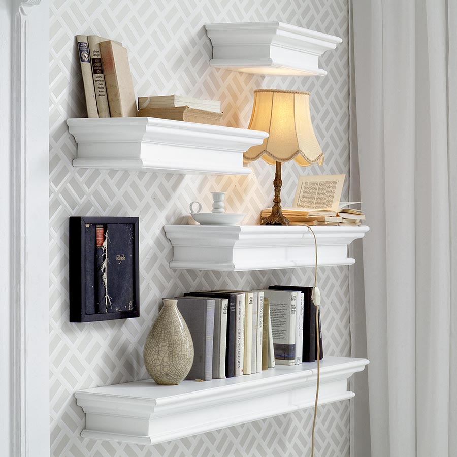 Halifax Coastal White Floating Wall Shelf, Long